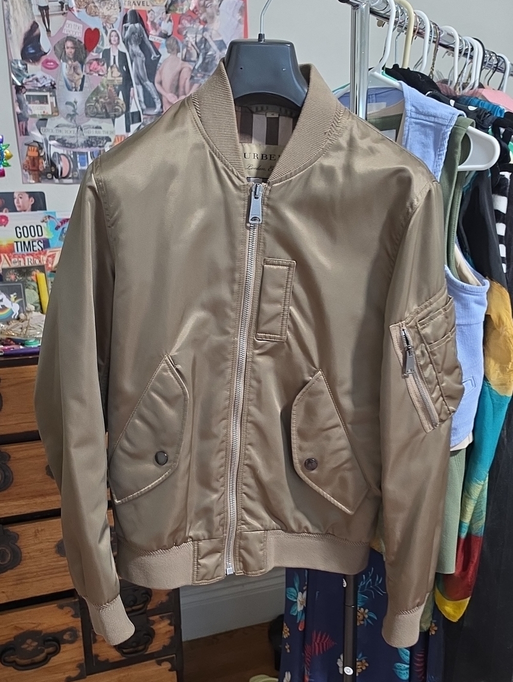 Burberry Taupe Bomber Jacket with Ribbed Trim